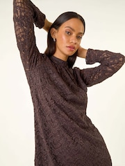 Roman Brown Baroque Lace Shift Dress - Image 1 of 5