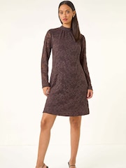 Roman Brown Baroque Lace Shift Dress - Image 2 of 5