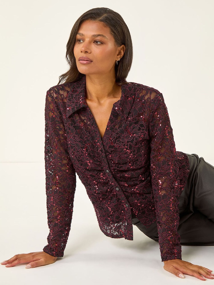 Roman Red Sequin Lace Collared Blouse - Image 1 of 5 Roman Red Sequin Lace Collared Blouse - Image 1 of 5