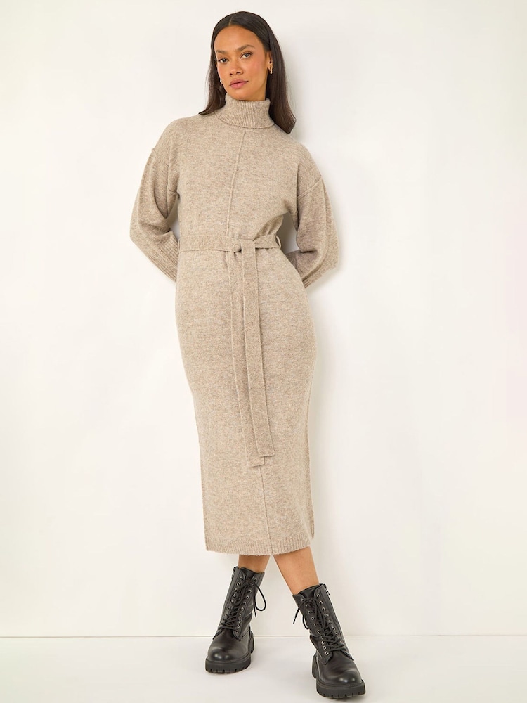 Roman Natural Belted Knit Midi Dress - Image 1 of 5 Roman Natural Belted Knit Midi Dress - Image 1 of 5
