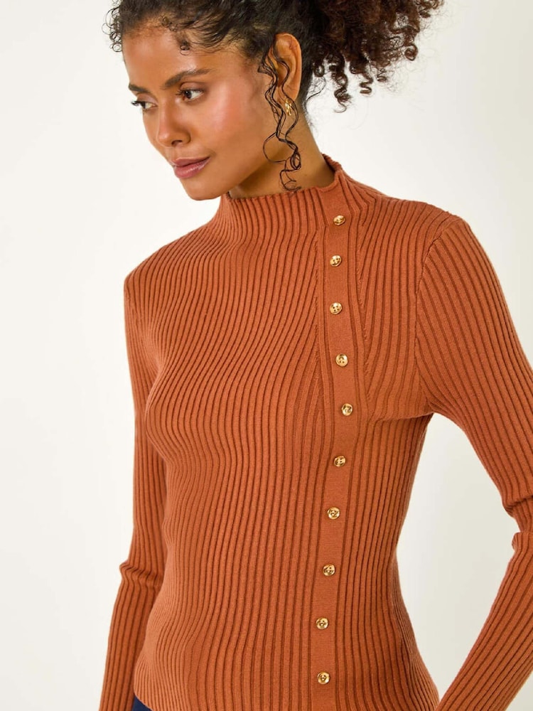Roman Brown Button Ribbed Jumper - Image 2 of 5 Roman Brown Button Ribbed Jumper - Image 2 of 5