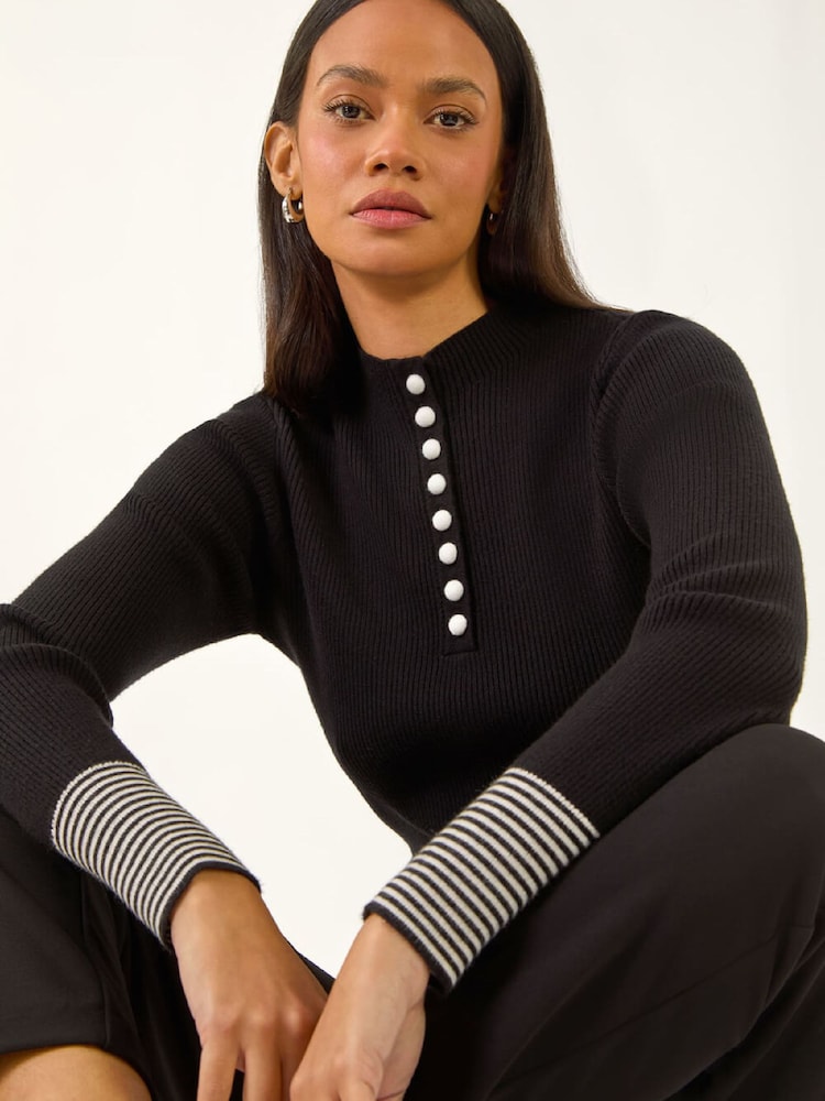 Roman Black Buttoned Ribbed Knit Jumper - Image 1 of 5 Roman Black Buttoned Ribbed Knit Jumper - Image 1 of 5