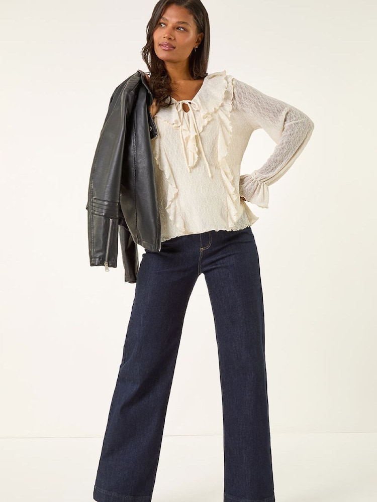 Roman White Lace Ruffle Front Blouse - Image 2 of 5 Roman White Lace Ruffle Front Blouse - Image 2 of 5