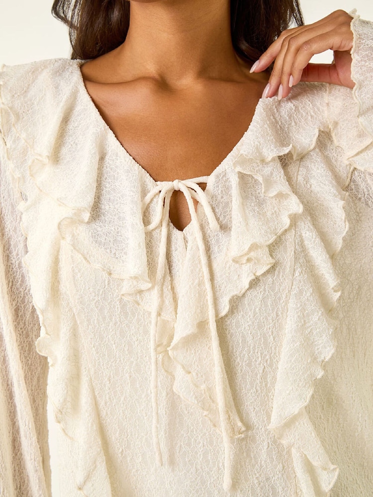 Roman White Lace Ruffle Front Blouse - Image 5 of 5 Roman White Lace Ruffle Front Blouse - Image 5 of 5