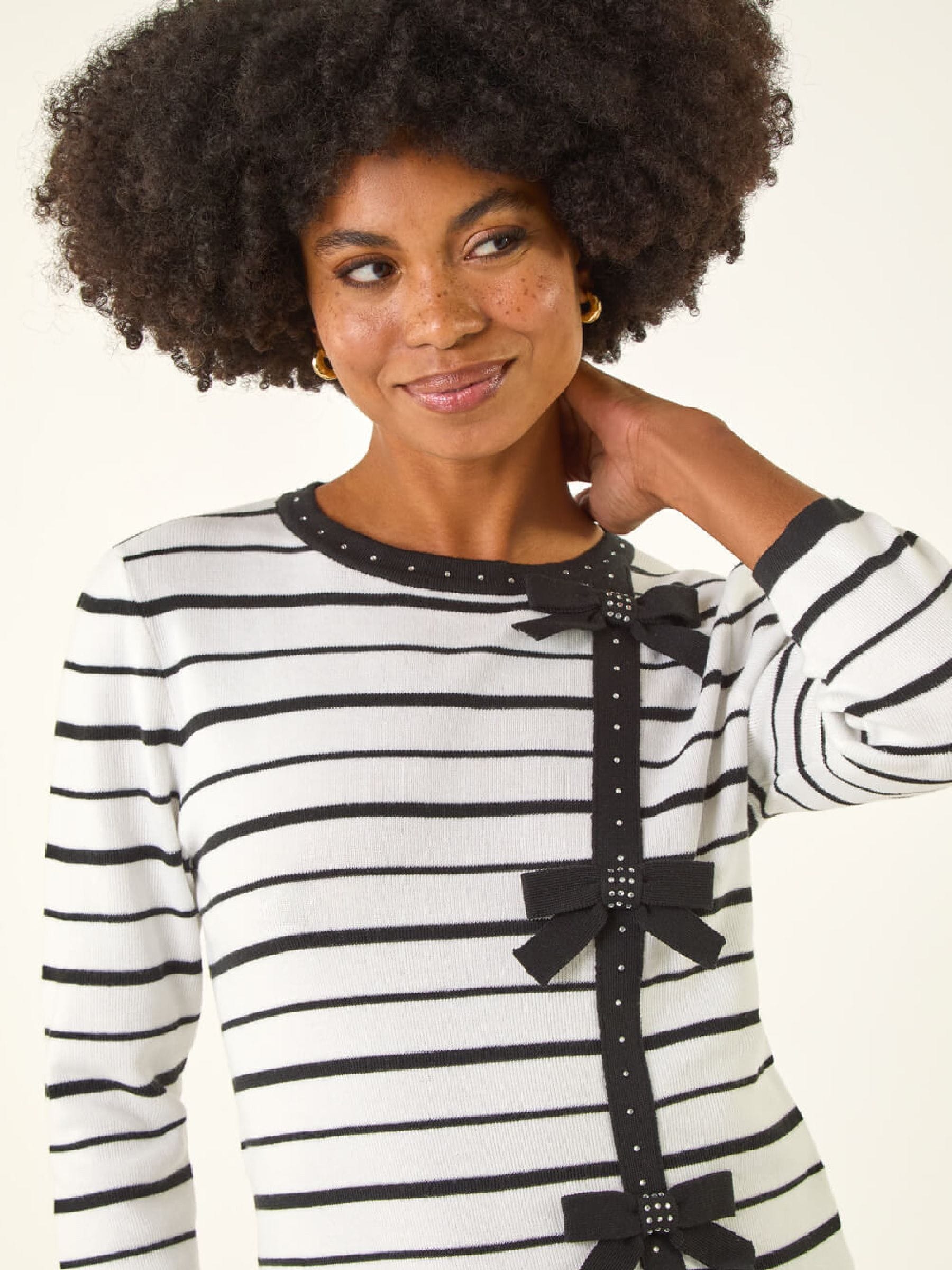 Roman Stripe Bow Detail Knit Jumper, White, Size 20, Women - Image 4