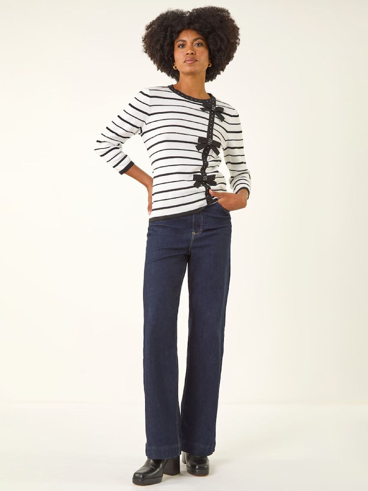 Roman White Stripe Bow Detail Knit Jumper - Image 2 of 5 Roman White Stripe Bow Detail Knit Jumper - Image 2 of 5