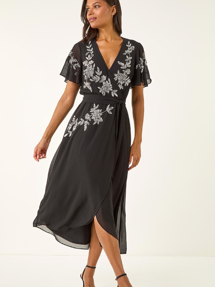 Roman Black Premium Beaded Wrap Midi Dress - Image 2 of 5 Roman Black Premium Beaded Wrap Midi Dress - Image 2 of 5