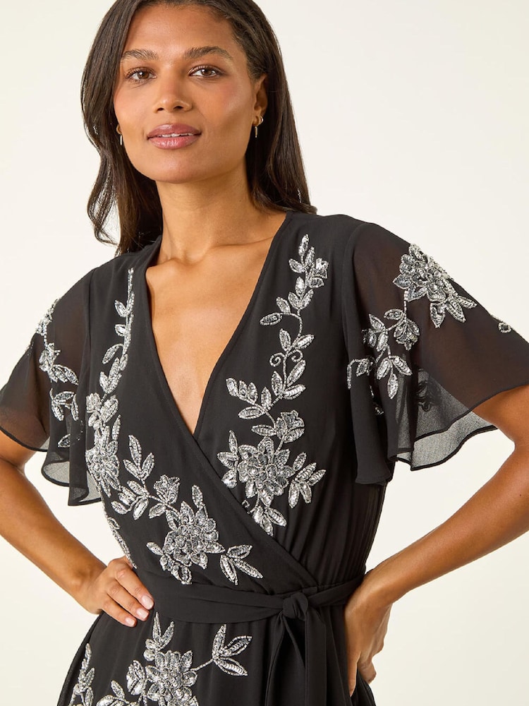 beaded wrap dress wrap around dress with sleeves Navy Beaded Wrap Over Butterfly Sleeve Dress