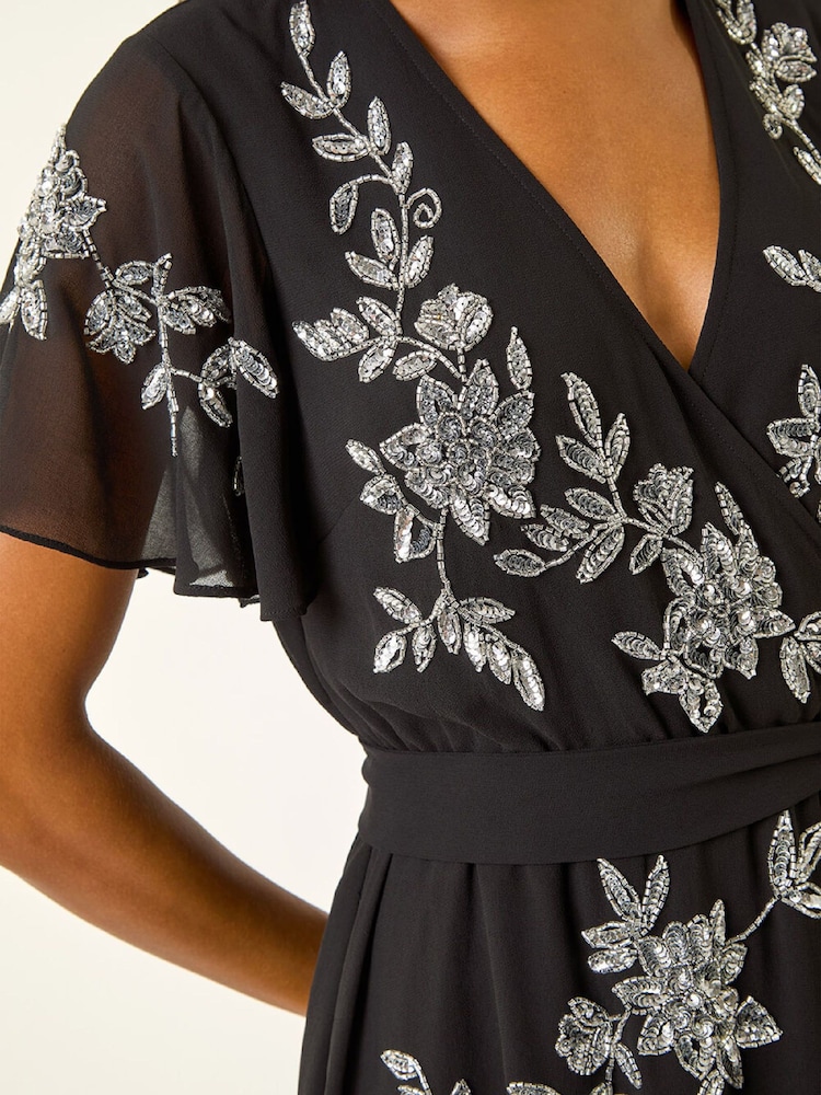 Roman Black Premium Beaded Wrap Midi Dress - Image 5 of 5 Roman Black Premium Beaded Wrap Midi Dress - Image 5 of 5