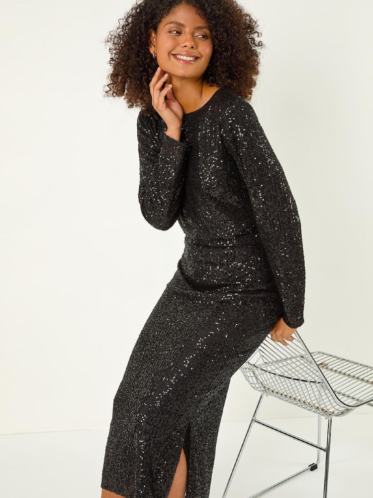 Roman Black Sequin Pencil Skirt - Image 1 of 5 Roman Black Sequin Pencil Skirt - Image 1 of 5