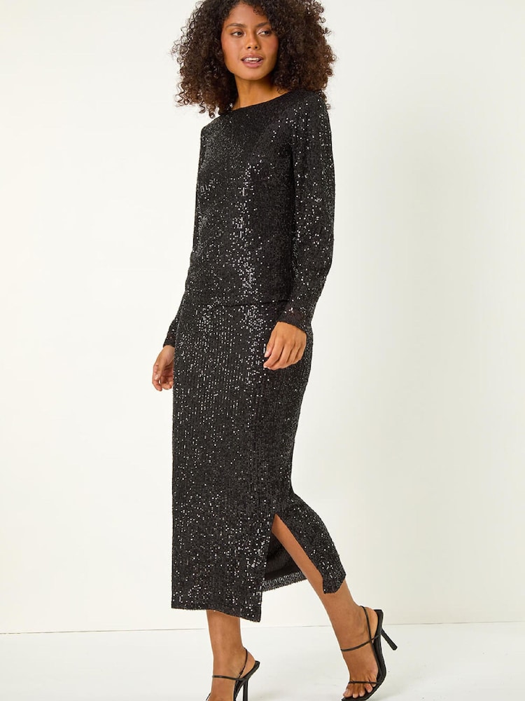 Roman Black Sequin Pencil Skirt - Image 2 of 5 Roman Black Sequin Pencil Skirt - Image 2 of 5