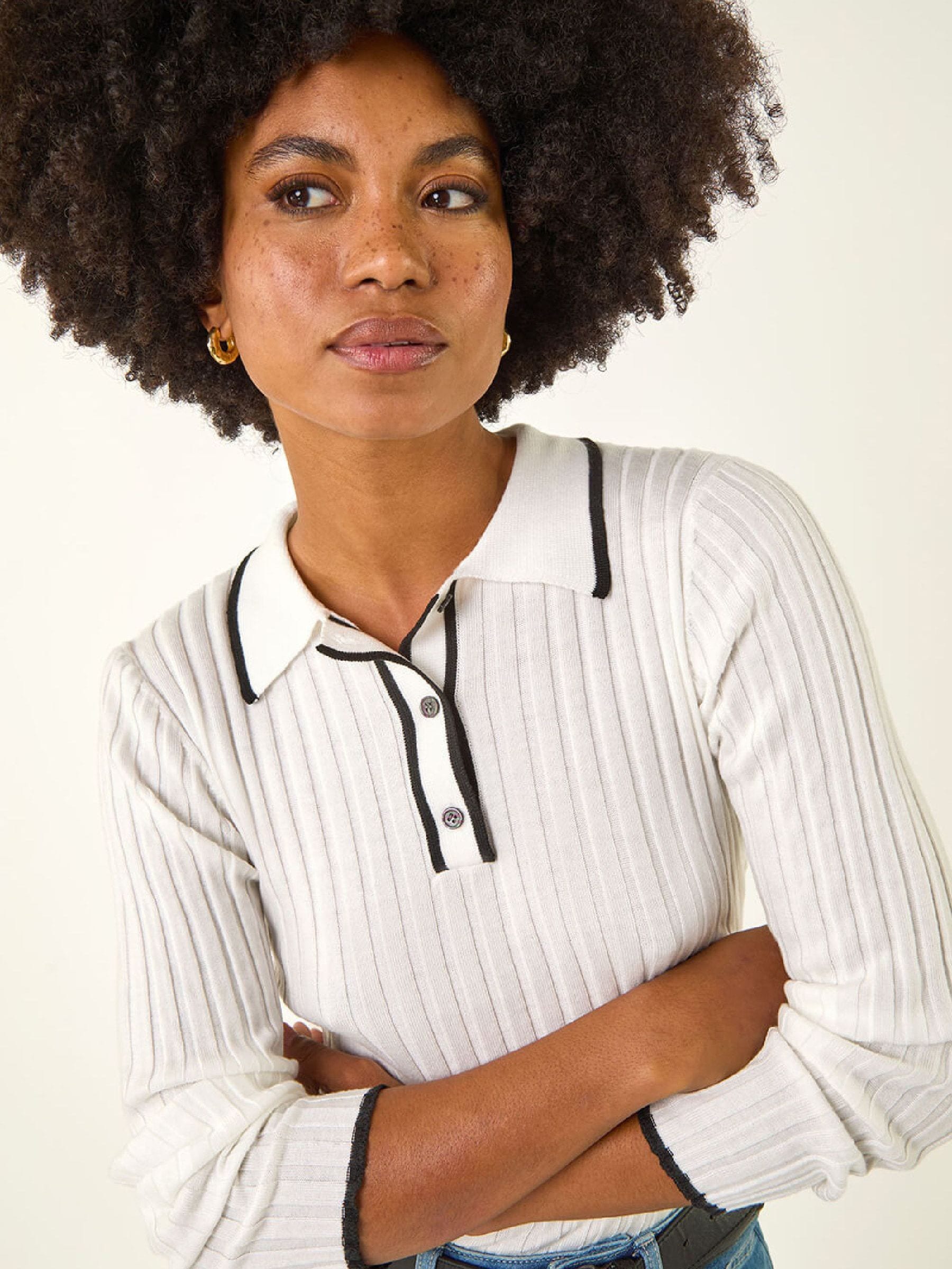 Roman Women's White Collar Ribbed Button Knit Jumper