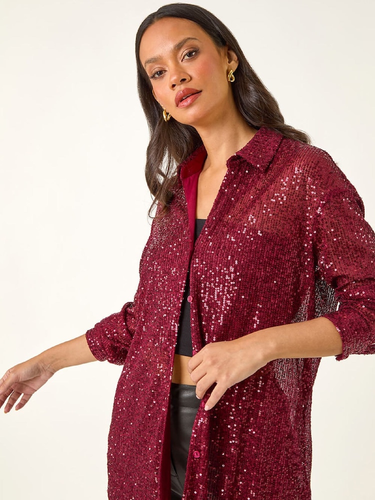 Roman Red Sequin Button Through Stretch Shirt - Image 1 of 4 Roman Red Sequin Button Through Stretch Shirt - Image 1 of 4