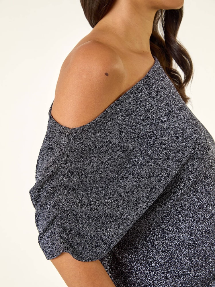 Roman Blue Metallic Drape Side Blouse - Image 5 of 5 Roman Blue Metallic Drape Side Blouse - Image 5 of 5