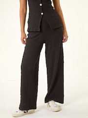 Roman Black Textured Wide Leg Stretch Trousers - Image 4 of 5