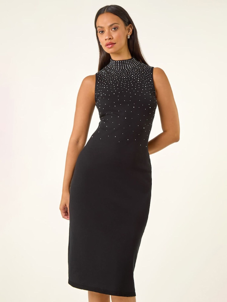 Roman Black Embellished Knit Midi Dress - Image 1 of 5 Roman Black Embellished Knit Midi Dress - Image 1 of 5