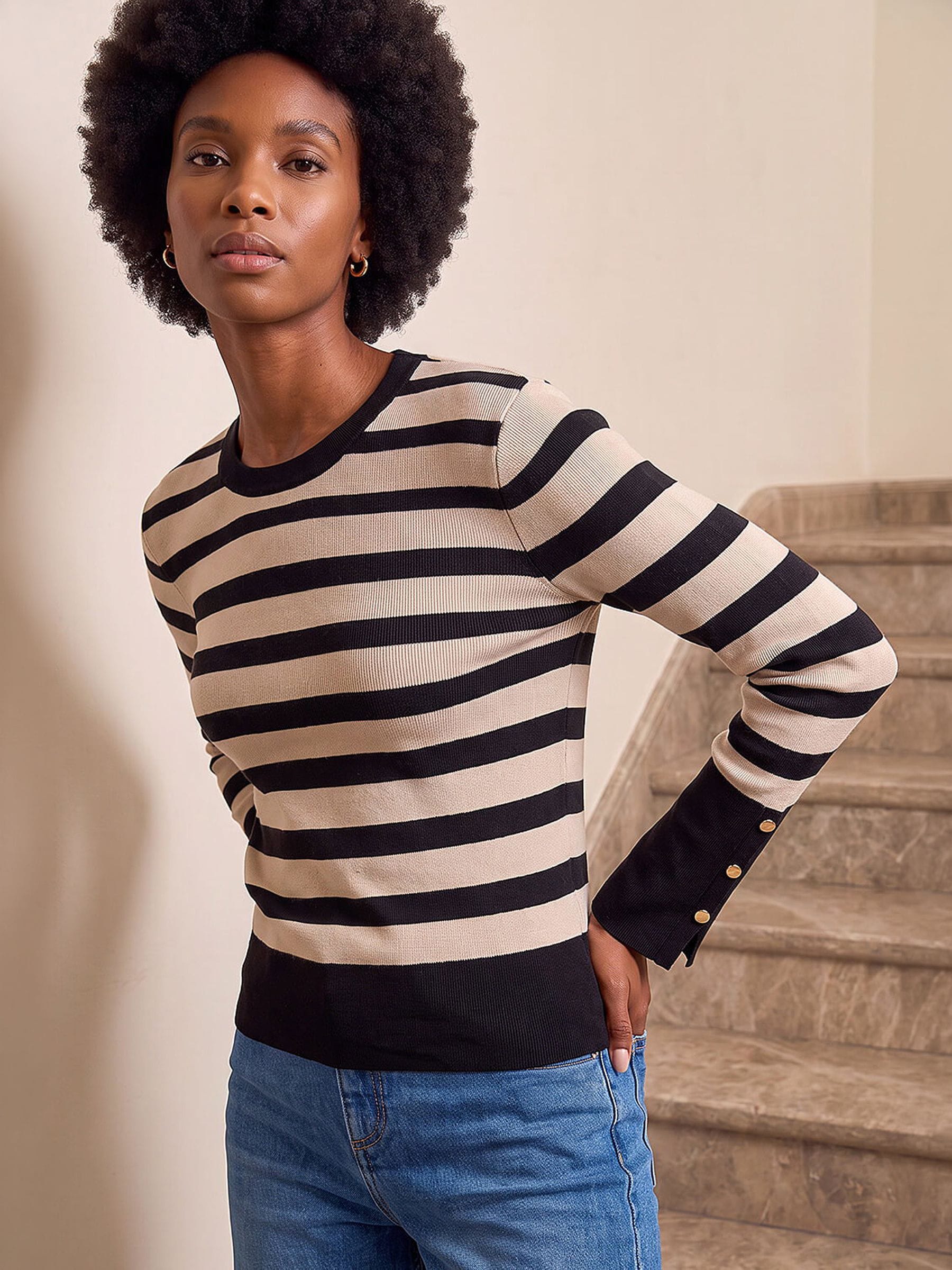 Roman Women's White Stripe Button Detail Knit Jumper