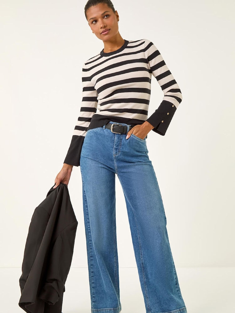 Roman White Stripe Button Detail Knit Jumper - Image 1 of 5 Roman White Stripe Button Detail Knit Jumper - Image 1 of 5