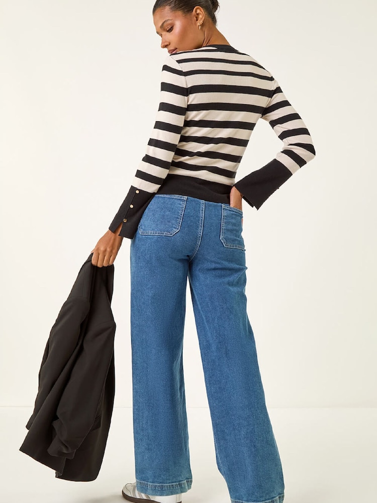 Roman White Stripe Button Detail Knit Jumper - Image 2 of 5 Roman White Stripe Button Detail Knit Jumper - Image 2 of 5