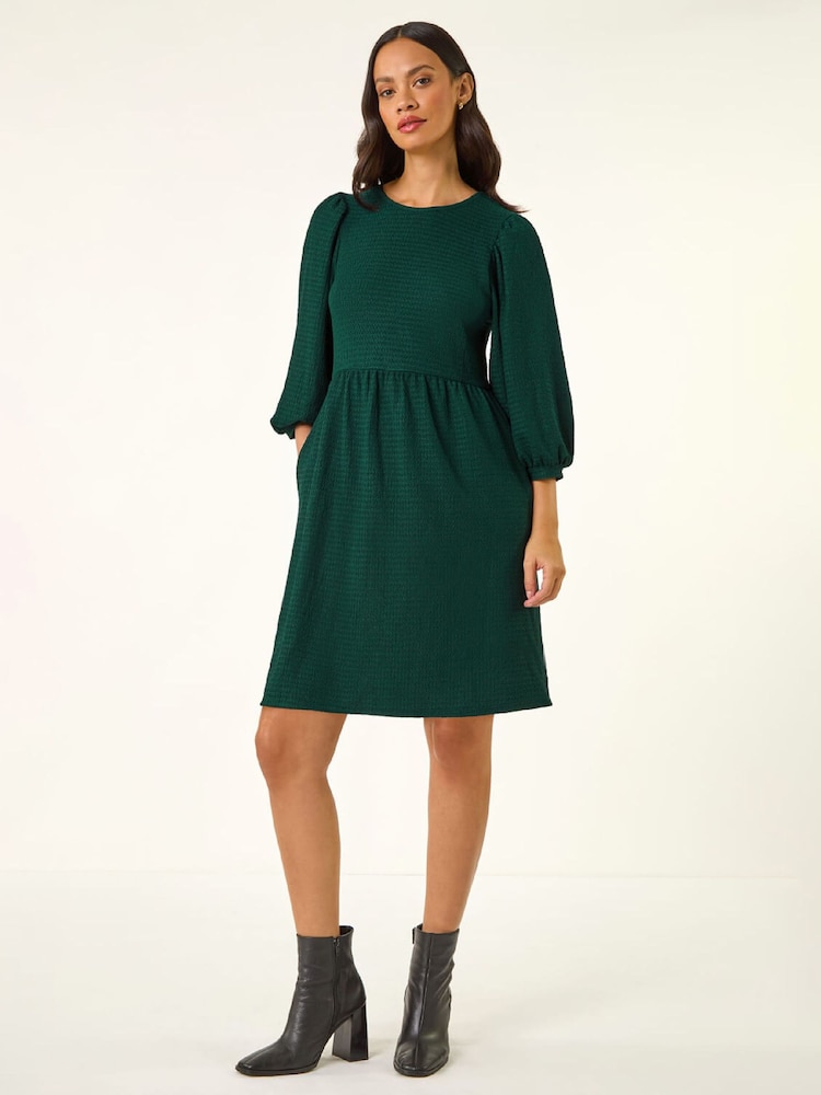 Roman Blue Textured Blouson Puff Sleeve Dress - Image 2 of 5 Roman Blue Textured Blouson Puff Sleeve Dress - Image 2 of 5