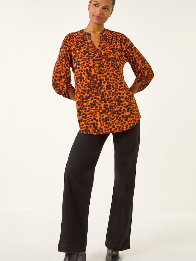 Roman Brown Spot Print Stretch Blouse - Image 1 of 5 Roman Brown Spot Print Stretch Blouse - Image 1 of 5