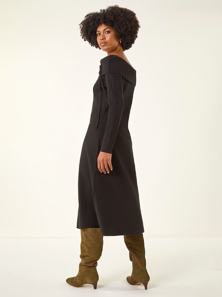 bardot knit midi dress Karen Millen Wool Blend Cosy Bardot Knit Midi Dress in Navy