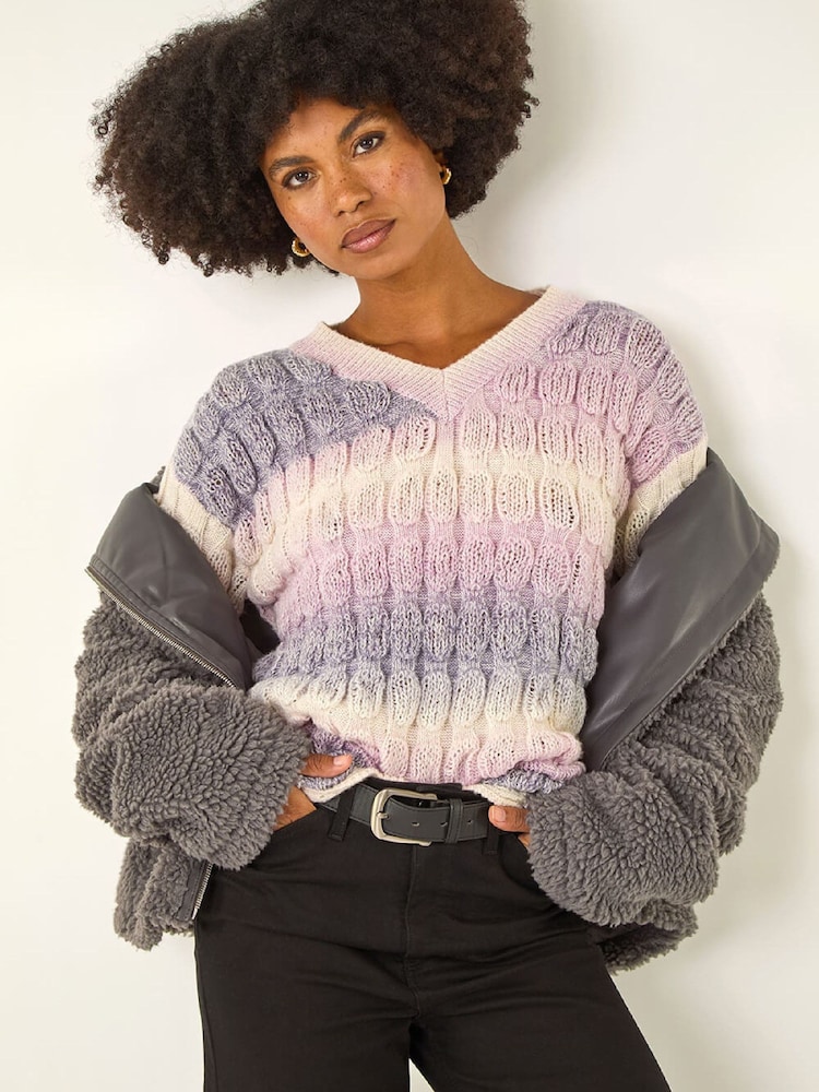 أرجواني - Roman Ombre Textured V-Neck Knit Jumper - صورة 1 من 5 أرجواني - Roman Ombre Textured V-Neck Knit Jumper - صورة 1 من 5