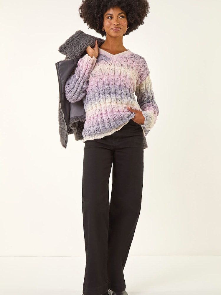 أرجواني - Roman Ombre Textured V-Neck Knit Jumper - صورة 2 من 5 أرجواني - Roman Ombre Textured V-Neck Knit Jumper - صورة 2 من 5