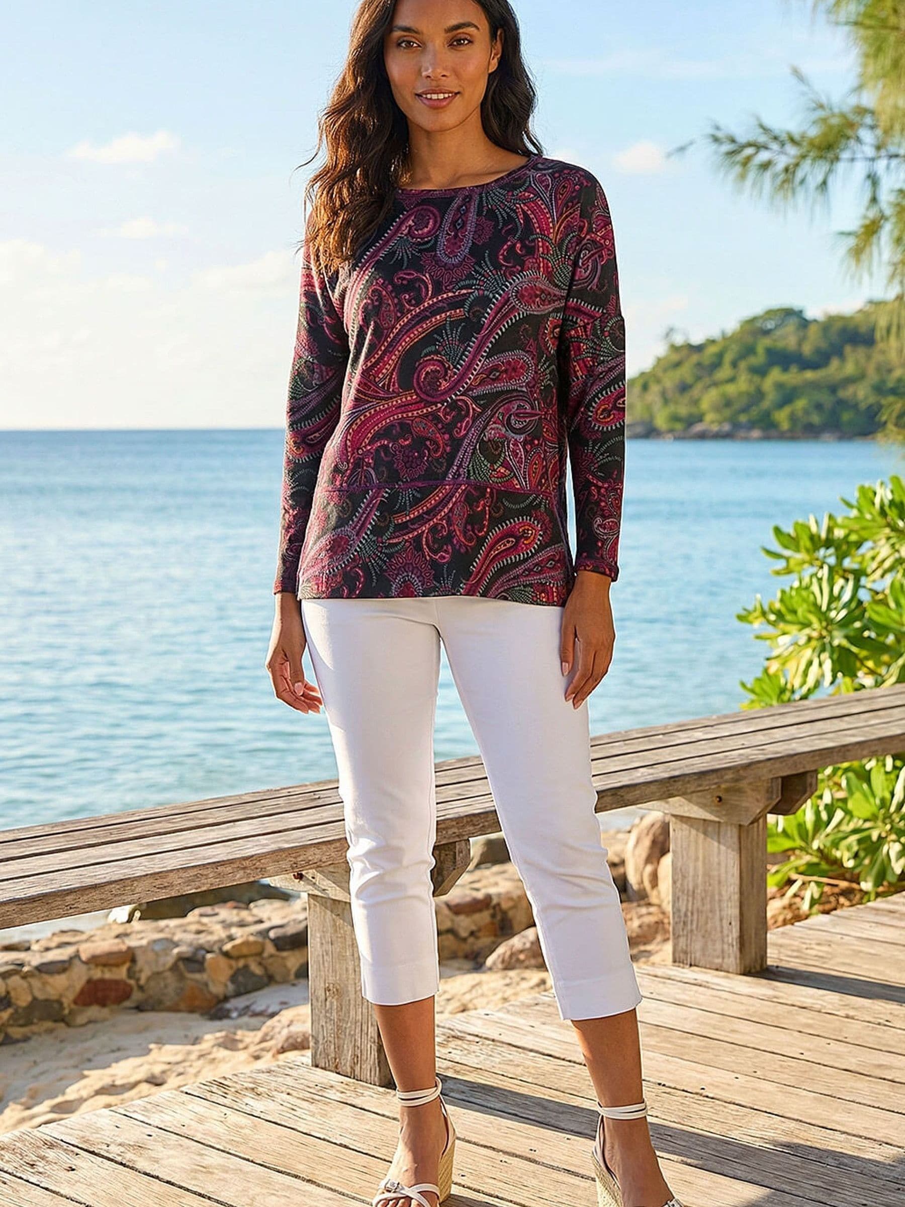 Roman Women's Red Paisley Print Snit Tunic Top