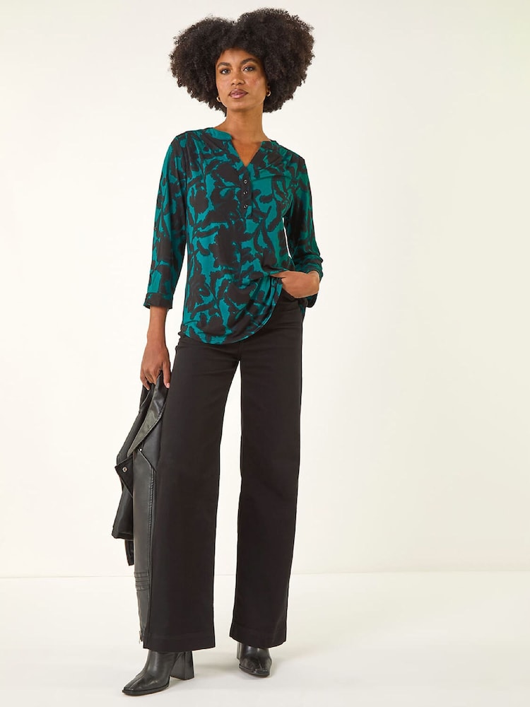 Roman Blue Floral Print V-Neck Stretch Blouse - Image 1 of 5 Roman Blue Floral Print V-Neck Stretch Blouse - Image 1 of 5