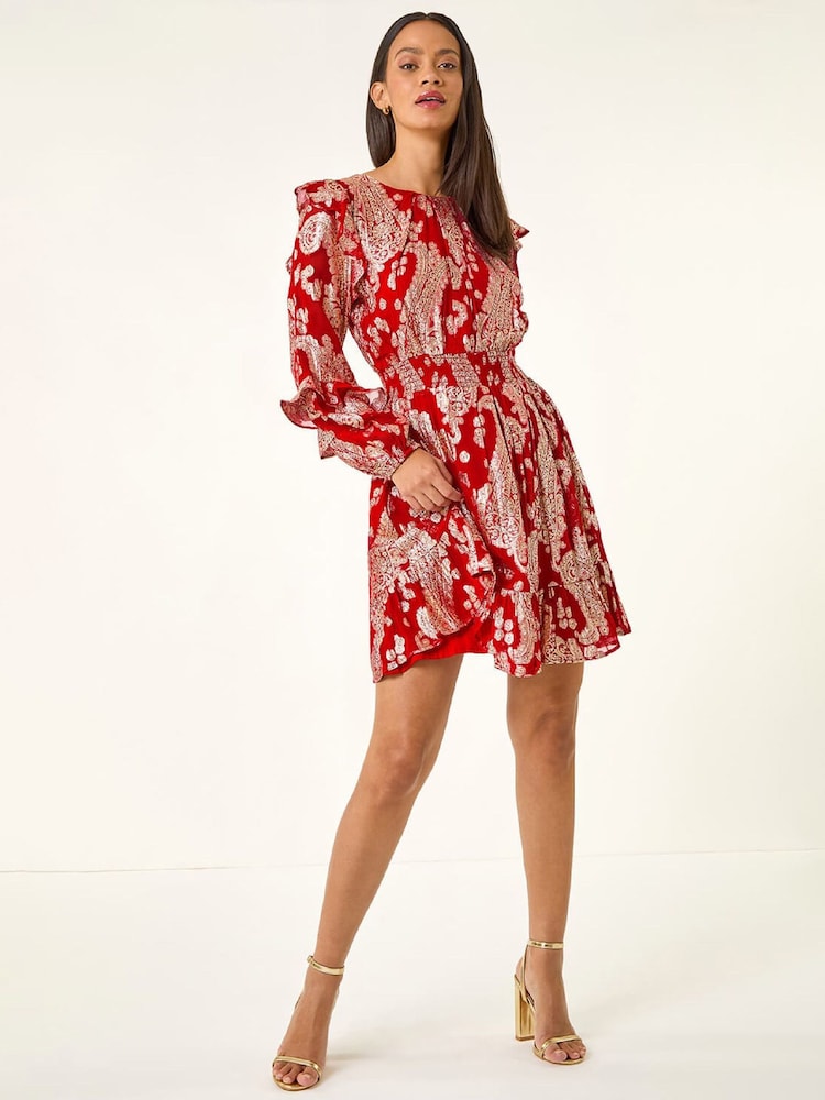 Roman Red Floral Foil Paisley Dress - Image 2 of 5 Roman Red Floral Foil Paisley Dress - Image 2 of 5