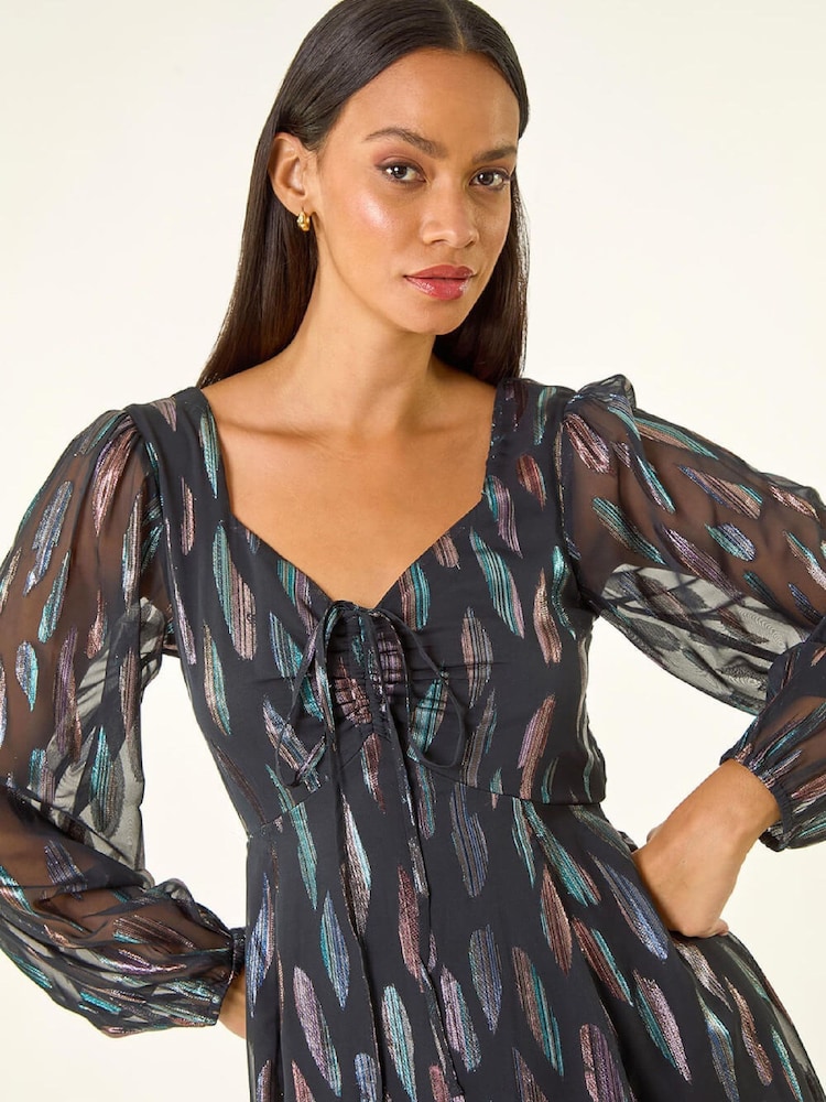 Roman Black Foil Print Tie Front Fit & Flare Dress - Image 1 of 5 Roman Black Foil Print Tie Front Fit & Flare Dress - Image 1 of 5