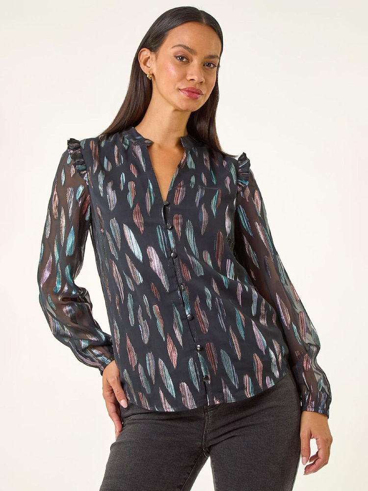 Roman Black Foil Print Tie Front Fit & Flare Dress - Image 2 of 5 Roman Black Foil Print Tie Front Fit & Flare Dress - Image 2 of 5