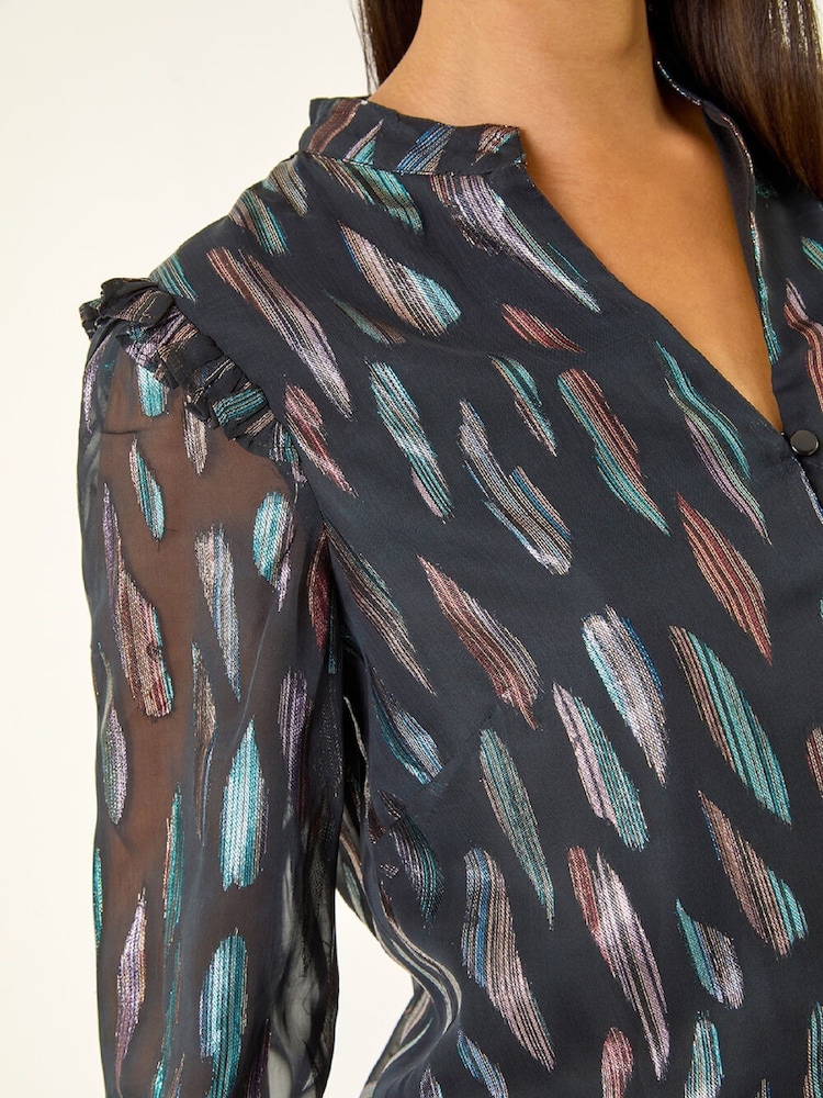 Roman Black Foil Print Tie Front Fit & Flare Dress - Image 5 of 5 Roman Black Foil Print Tie Front Fit & Flare Dress - Image 5 of 5