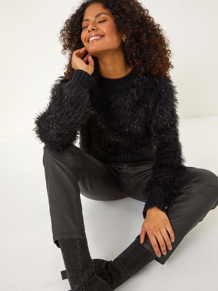 Roman Black Fluffy Knit Jumper - Image 1 of 5 Roman Black Fluffy Knit Jumper - Image 1 of 5