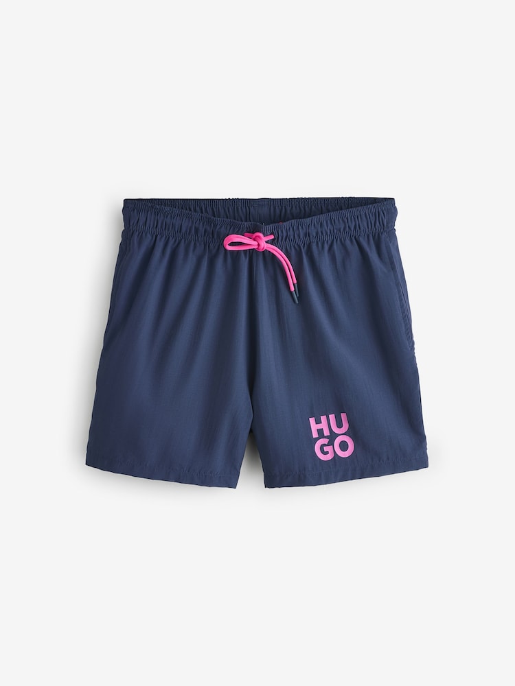 HUGO Blue Paolo Stacked Logo Swim Shorts - Image 1 of 1 HUGO Blue Paolo Stacked Logo Swim Shorts - Image 1 of 1