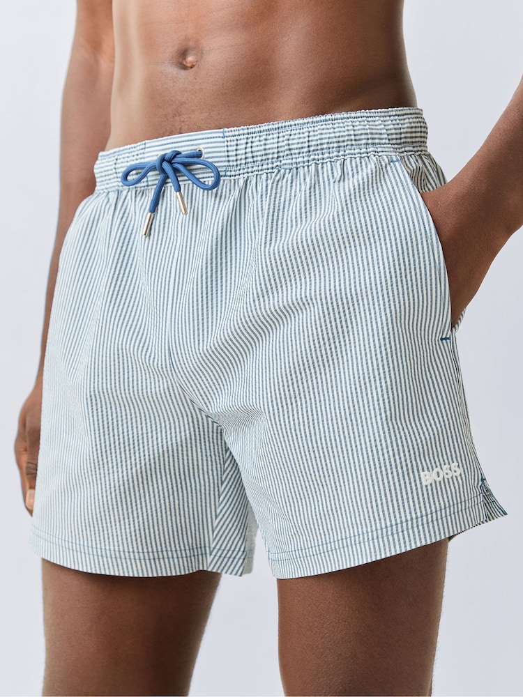 BOSS Blue Velvetfish Stripe Logo Swim Shorts - Image 2 of 5