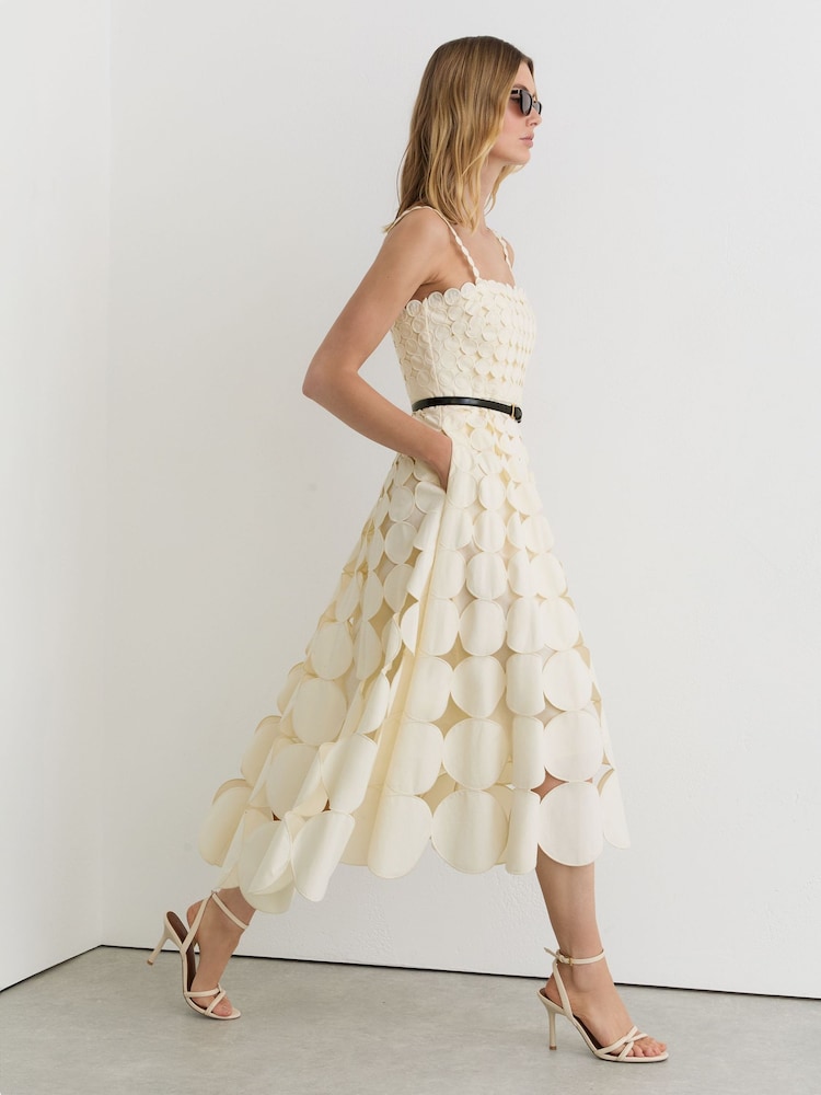 Reiss Cream Gigi Petite Cotton Cut-Out Belted Midi Dress - Image 1 of 7