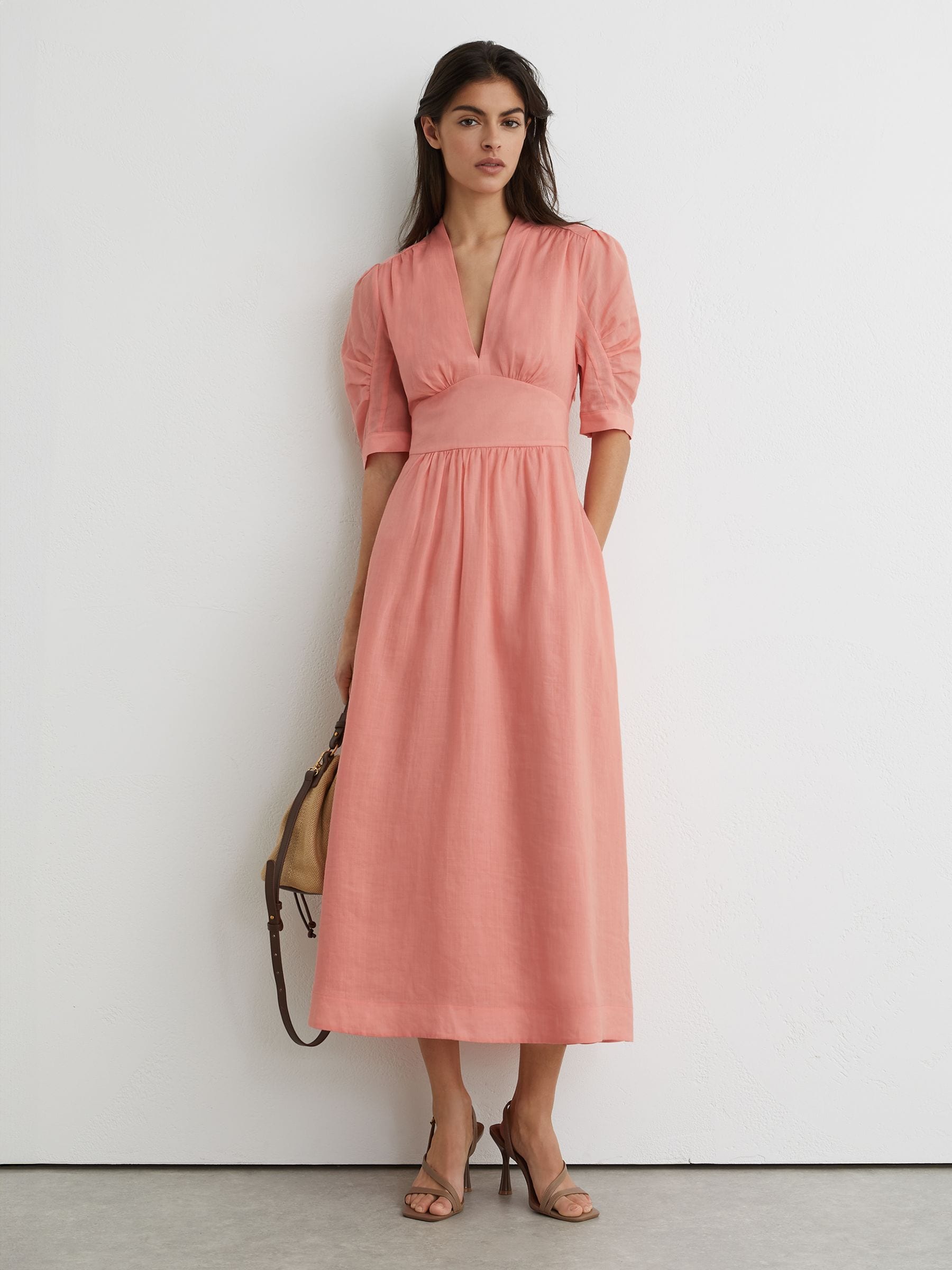 sleeves pink midi dress Blush Chiffon Fit and Flare Midi Dress with Elbow Sleeves