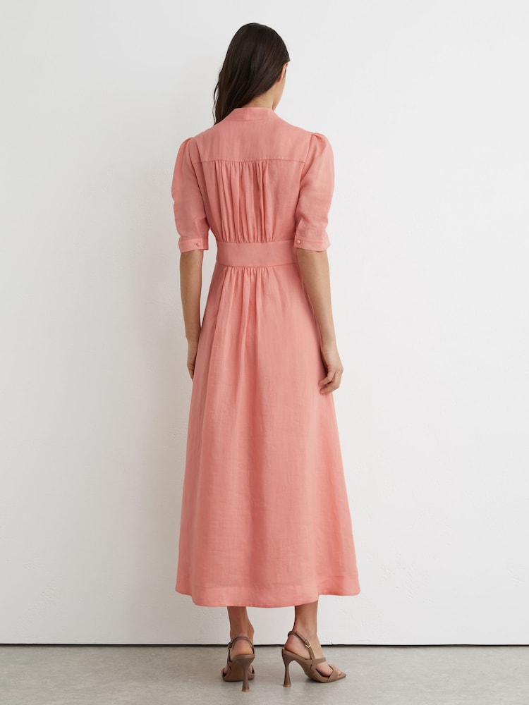 midi dress with sleeves pink Baby Pink Midi Dress with Puff Sleeves and Flared Skirt Elegant Tea Length Outfit for Wedding Guests and Special Celebrations