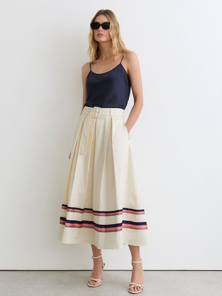 Reiss Cream Rian Cotton Stripe-Detail Belted Midi Skirt - Image 1 of 6