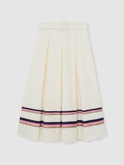 Reiss Cream Rian Cotton Stripe-Detail Belted Midi Skirt - Image 2 of 6