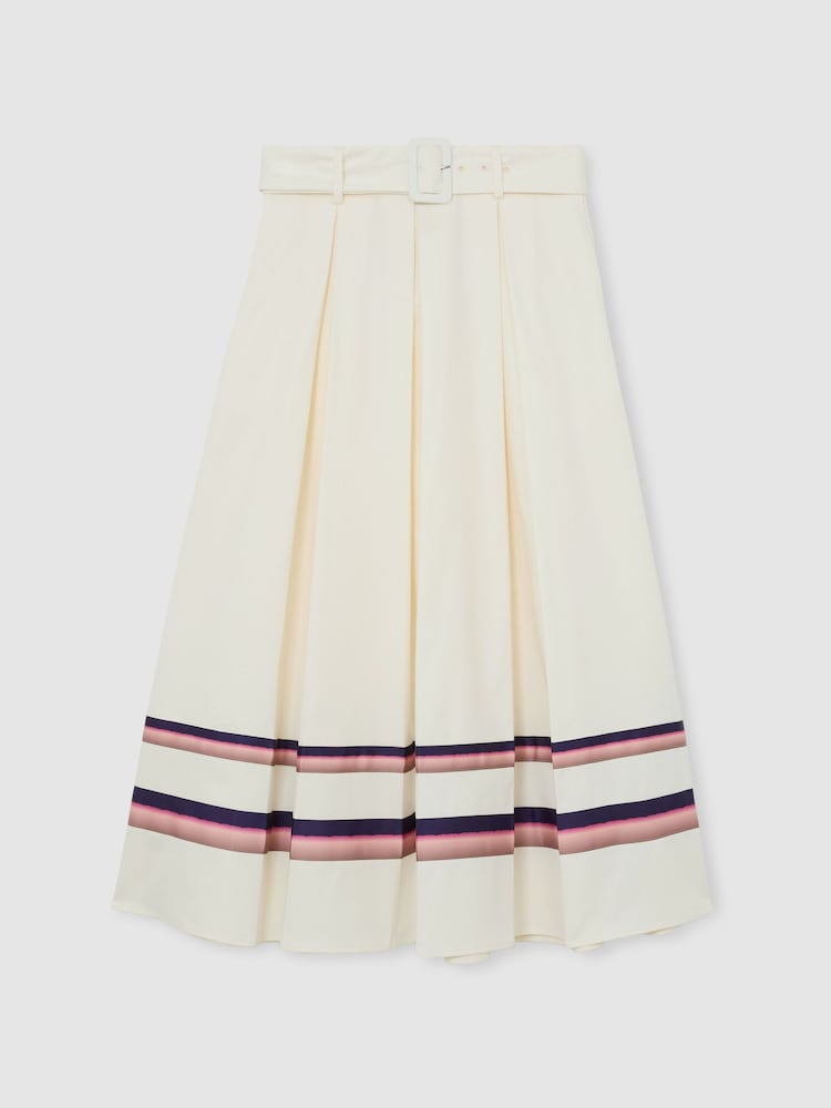 Reiss Cream Rian Cotton Stripe-Detail Belted Midi Skirt - Image 2 of 6