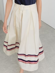 Reiss Cream Rian Cotton Stripe-Detail Belted Midi Skirt - Image 3 of 6