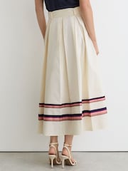 Reiss Cream Rian Cotton Stripe-Detail Belted Midi Skirt - Image 5 of 6