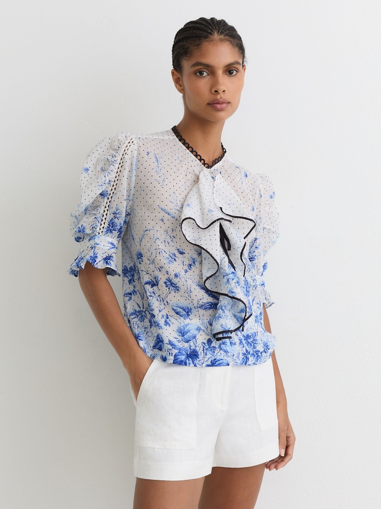 Reiss Ivory/Blue Minni Cotton Floral-Print Ruffle Blouse - Image 1 of 6