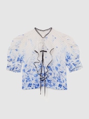 Reiss Ivory/Blue Minni Cotton Floral-Print Ruffle Blouse - Image 2 of 6