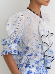 Reiss Ivory/Blue Minni Cotton Floral-Print Ruffle Blouse - Image 4 of 6