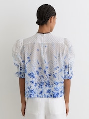 Reiss Ivory/Blue Minni Cotton Floral-Print Ruffle Blouse - Image 5 of 6