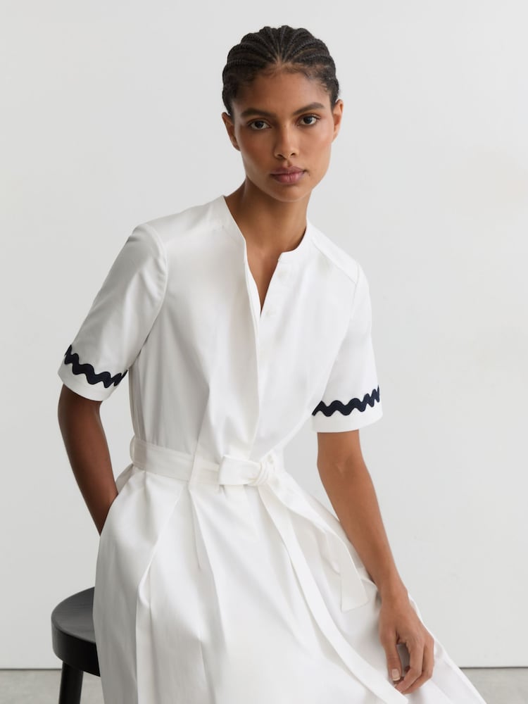 Buy Reiss Ivory/Navy Isabelle Stretch-Cotton Wave-Trim Midi Dress from the  Next UK online shop